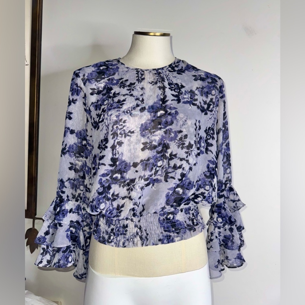 Misa Los Angeles Gray/Purple Floral Smocked Waist Blouse Top